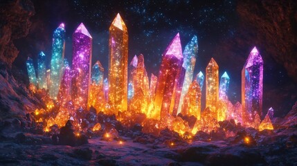 Luminous Crystal Formations in a Starlit Cave