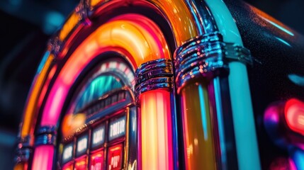 Close-up of a vibrant and retro-styled jukebox with neon lights.