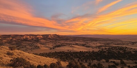Fototapeta premium A stunning sunset over rolling hills and valleys, showcasing vibrant colors in the sky.