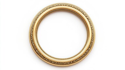 Golden circular picture frame on white background. Empty frame ready for art photo. Elegant design for home decor. Versatile for various interior styles. Decorative item for wall display. Antique