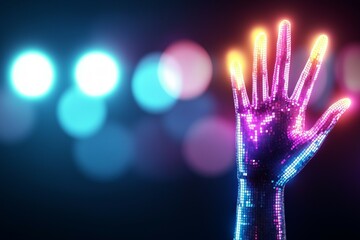 Hand with a neon glow is shown in a blurry background