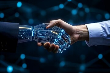 A hand is shaking another hand in a futuristic setting