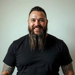 Obraz premium a heavy set man with a beard motorcycle biker gang member portrait. rugged man, tough guy, burly man, outlaw biker, motorcycle gang, biker portrait, leather jacket, bearded biker, biker culture, fat