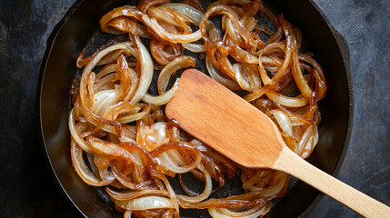 Golden caramelized onions are sautéed in a cast iron skillet, stirred with a wooden spatula.