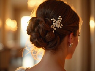 Elegant updo hairstyle with pearl hairpin in soft lighting