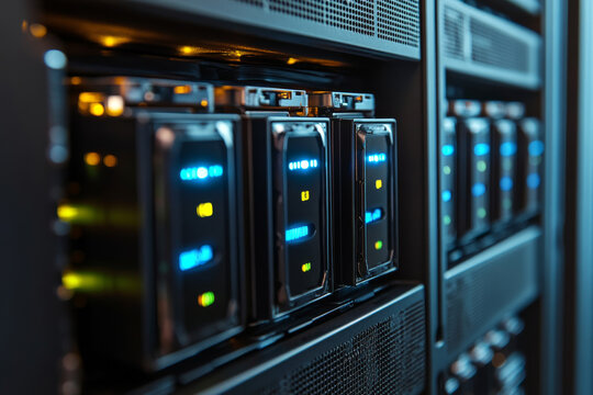 A row of active data servers with illuminated LED indicators showcases a modern data center environment.