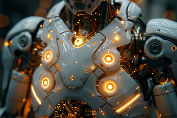 A close-up of a robot’s armored torso features illuminated circuits and mechanical details with a sleek design.
