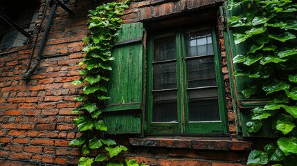 Green Shutters and Brick Wall: A Serene Urban Scene