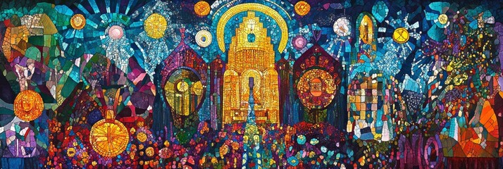Obraz premium Colorful mosaic depicts fantastical architectural landscape.