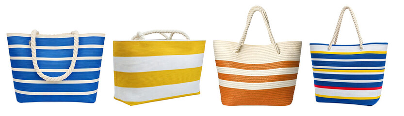 Different colours and designs of beach bags. Holiday and summer concept. Outdoor excursions. Summer picnic on the beach