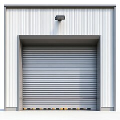 Partially open industrial rolling steel door of a warehouse with corrugated metal panels on a White background clipart isolate