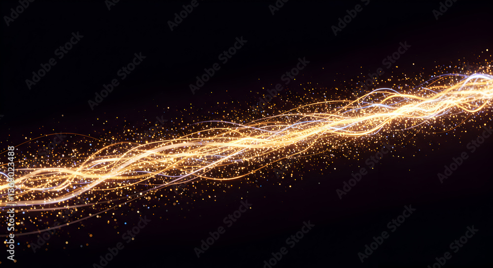 Poster abstract golden trails with particles in dynamic motion glowing on black backdrop