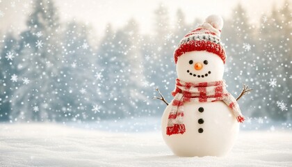 Charming snowman in hat and scarf against a serene winter forest with snowflakes falling