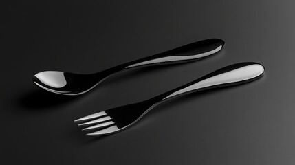 Fork and spoon silverware stainless steel kitchen utensils cutlery on black background product photography