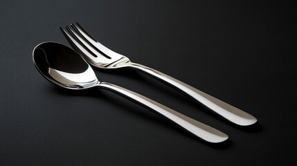 Spoon and fork silverware set on black background for kitchen utensils and dining table accessories photo