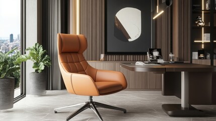 A contemporary high-back chair with elegant leather upholstery, placed by a modern minimalist desk in a spacious home office.