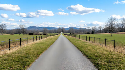Obraz premium Long paved road through vibrant green fields leading towards distant hills under a bright blue sky with scattered clouds