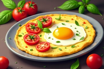 Simple flat vector illustration of a delicious egg omelette with tomatoes and herbs, meal, icon, dish