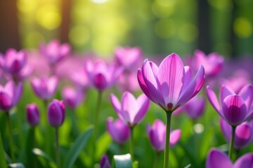 Obraz premium Vibrant purple flowers blooming in Ujazdowski Park during spring, park, blooming, flowers