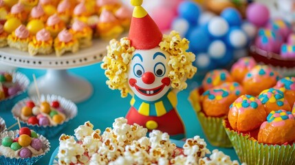 Obraz premium Delightful Circus Themed Birthday Party Candy Buffet with Popcorn and Treats
