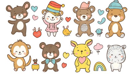 Fototapeta premium design cute animal sticker wear suite with line color style more action in white background isolated on white,clip art ,remain space between border each corner and rainbow and toy and hat and heart 