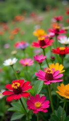 - A close-up film photo of a colorful bed of wildflowers, summer, spring