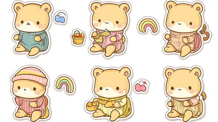 design cute animal sticker wear suite with line color style more action in white background isolated on white,clip art ,remain space between border each corner and rainbow and toy and hat and heart
