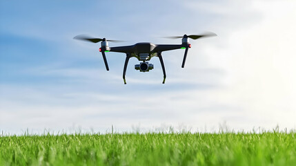 Drone Flying Over Green Field Under Blue Sky