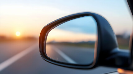 Fototapeta premium Car Side Mirror Reflecting Sunset Highway