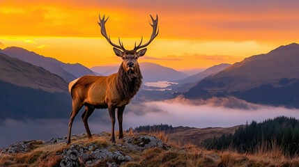 Majestic Red Deer Stag at Sunrise in the Scottish Highlands