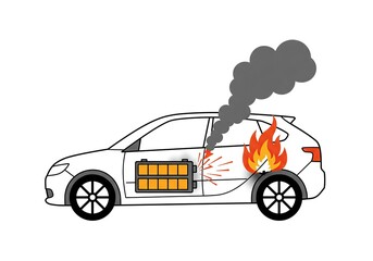 Electric Car Battery Fire Hazard Illustration. This image highlights the potential danger and safety concerns associated with electric vehicle battery malfunctions.