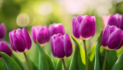 Fototapeta premium Close Up For Purple Tulips On Green Blurry Background With Bokeh Effect, Natural Scene, Outdoors, Breezy Feel, Cool Colors, Spring Flowers, Fully Bloom