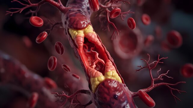 artery blocked by atheromatous plaques (yellow fatty deposits). It shows a partially blocked section of blood vessel,atherosclerosis
