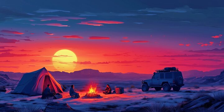 Desert overlanding camping vector artwork for adventure travel content featuring SUV