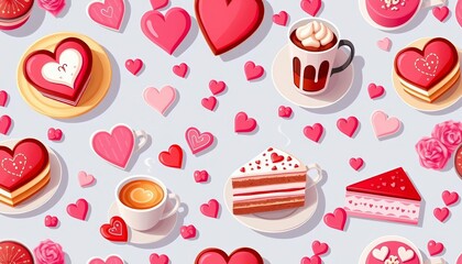 Seamless Valentine's Day pattern featuring flat-style hot drinks and cakes , cards, brown