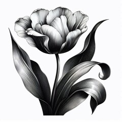 Monochrome Tulip Elegant Engraving on White