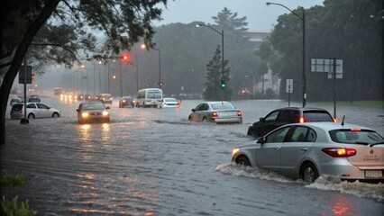 severe flooding on a city street, with cars navigating through deep water during a heavy downpour. The scene captures the impact of a natural disaster on urban infrastructure.