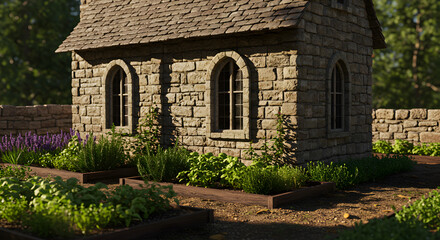 Fototapeta premium Charming Medieval Stone Cottage with Arched Windows and Herb Garden Display