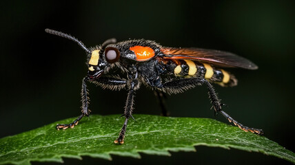 Fototapeta premium Close up shot of vibrant insect resting on green leaf, showcasing its detailed features and striking colors in natural setting
