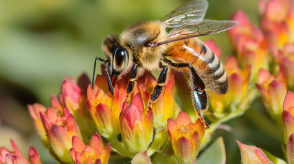 Fototapeta premium Close up shot of honeybee collecting nectar from vibrant flowers, showcasing nature beauty and importance of pollinators