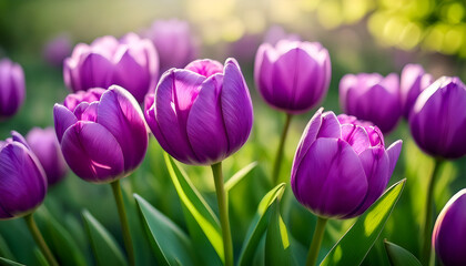 Fototapeta premium Close Up For Purple Tulips On Green Blurry Background With Bokeh Effect, Natural Scene, Outdoors, Breezy Feel, Cool Colors, Spring Flowers, Fully Bloom