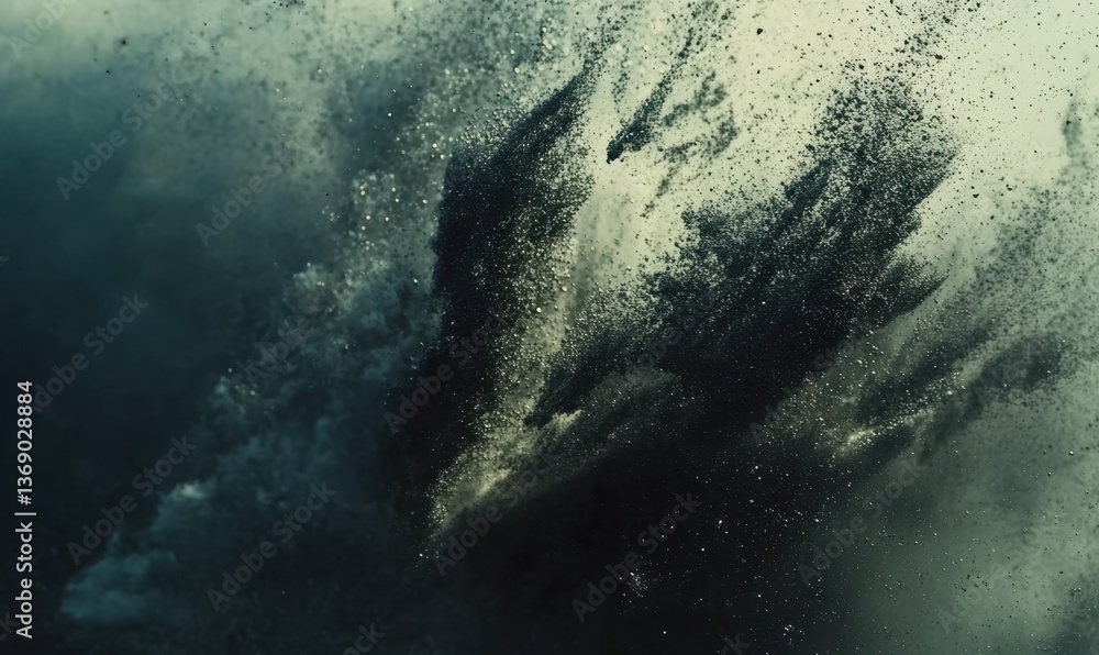 Poster dark ink exploding underwater, creating abstract shapes, ideal for motion backgrounds