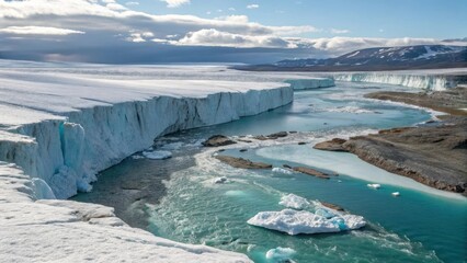 Naklejka premium Glacier calving into a glacial lake. The image shows a large glacier cliff with a turquoise glacial lake at the foot