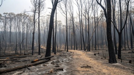 burnt forest after a wildfire. The trees are black and charred, and the ground is covered in ash. A path winds through the scene