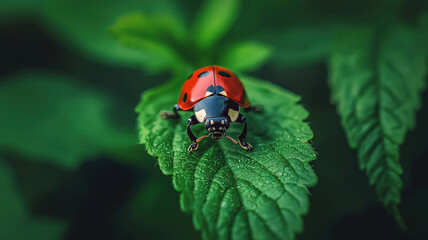 Obraz premium vibrant ladybug perched green leaf, showcasing its striking red and black colors against lush background. This tiny insect adds touch of nature