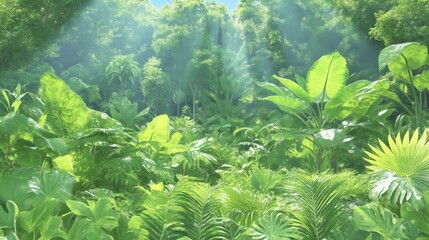 Lush green jungle foliage, vibrant sunlight filtering through canopy
