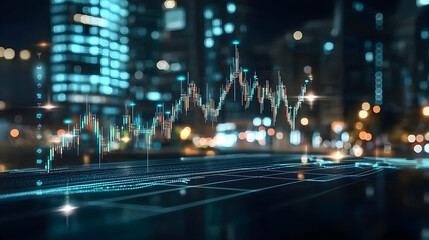 Obraz premium Night City Skyline With Stock Market Data Overlay