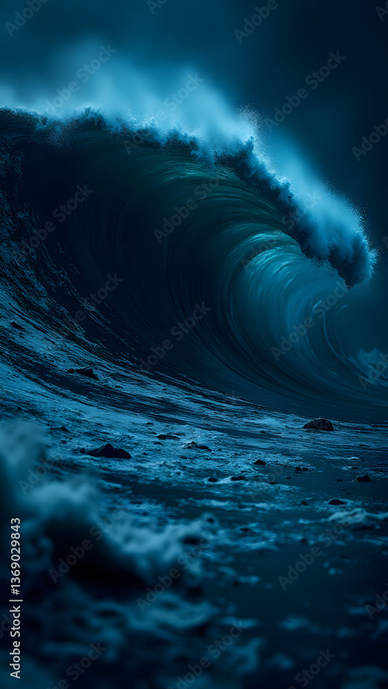 Poster massive data breach visualized as an overwhelming wave of information obliterating all security meas