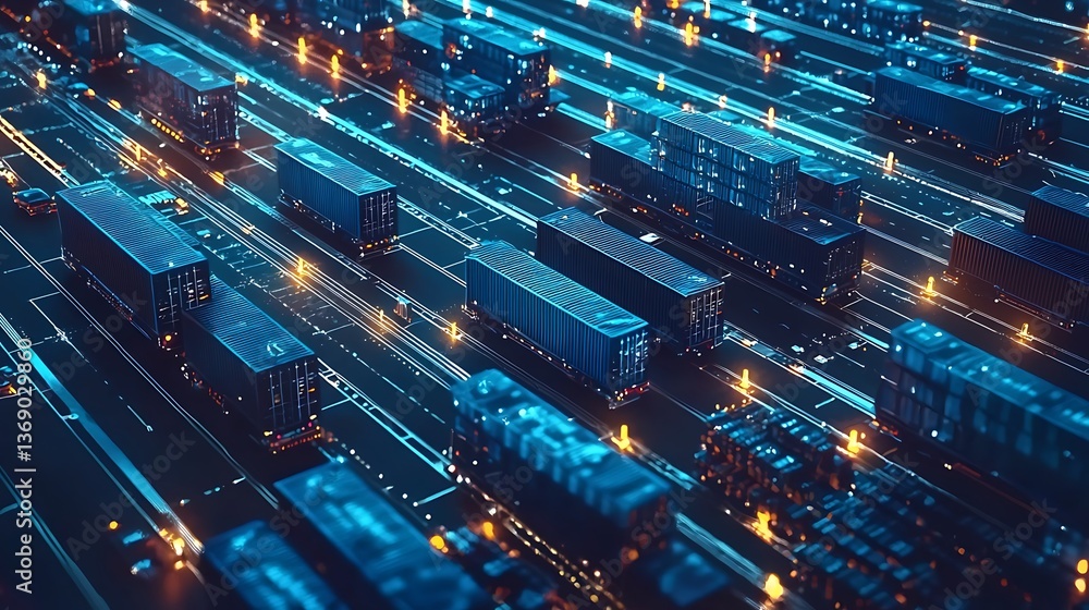 Poster high-tech logistics network. automated trucking and shipping containers flowing in a complex system