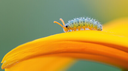 macro shot of tiny caterpillar crawling on vibrant yellow petal, showcasing its delicate features and textures in nature beauty